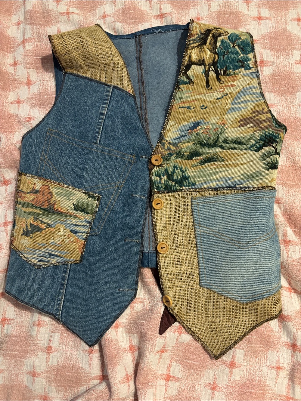 Upcycled Patchwork Denim & HorseTapestry Vest in Blue and Tan